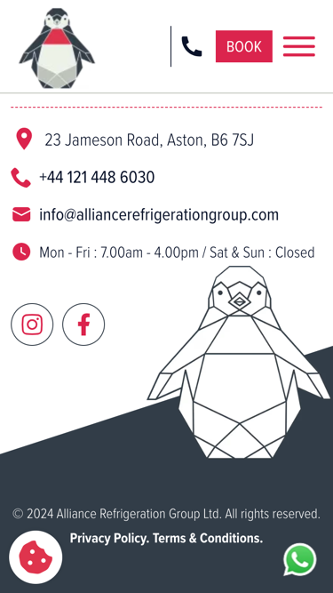Alliance Refrigeration website on mobile