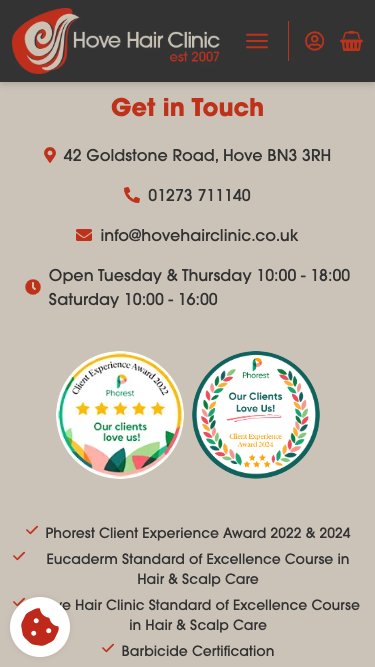 Hove Hair Clinic website on mobile