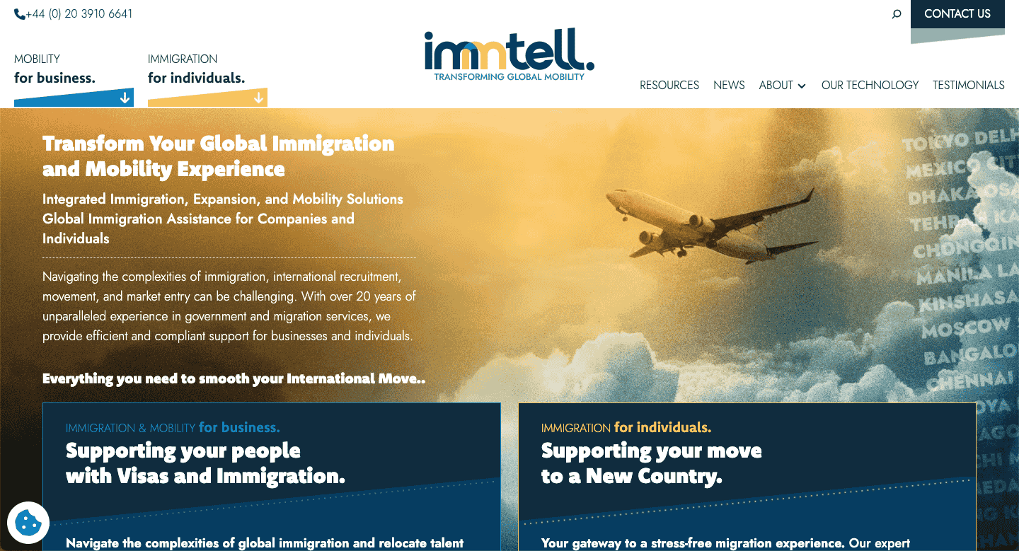Immtel Immigration Services website on desktop