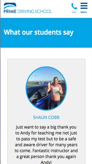 Prime Driving School website on mobile