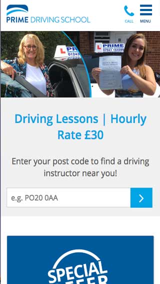 Prime Driving School website on mobile