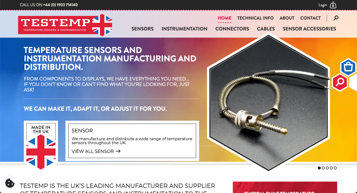 TestTemp Industrial Thermometers website on desktop