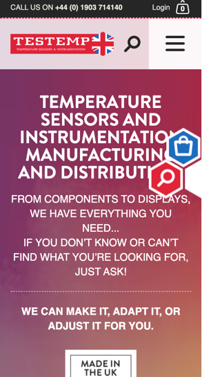 TestTemp Industrial Thermometers website on mobile