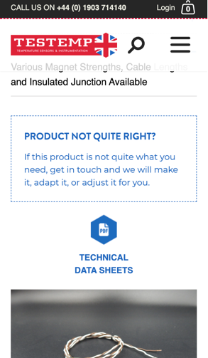 TestTemp Industrial Thermometers website on mobile