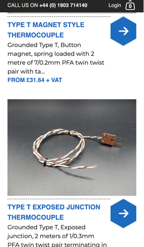 TestTemp Industrial Thermometers website on mobile