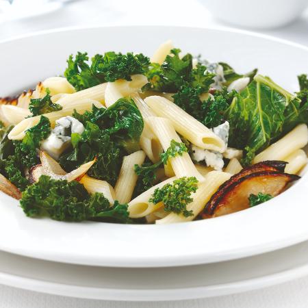Penne with Kale, Roast Onions and Gorgonzola