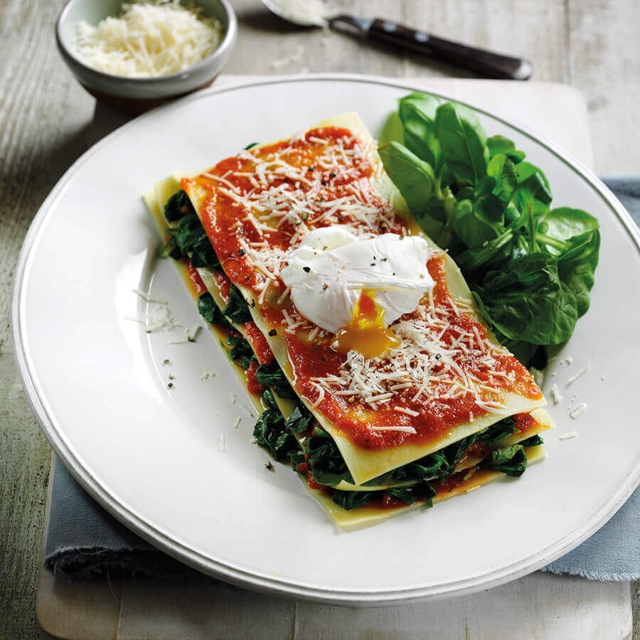 Picture of an Open Lasagne with Spinach & Poached Egg