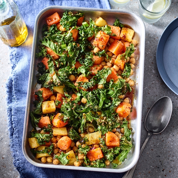 Moroccan Root Veg & Kale Tray Bake in oven dish
