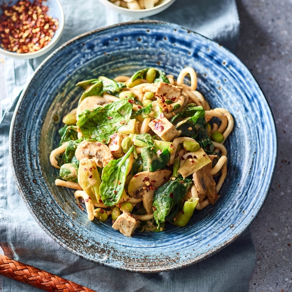 Satay Noodles with Tofu & Spinach in a bowl 