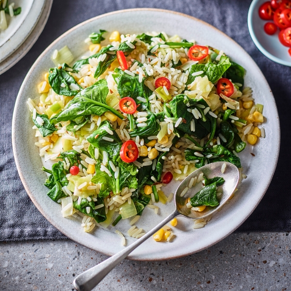 Spicy Spinach Fried Rice on a plate