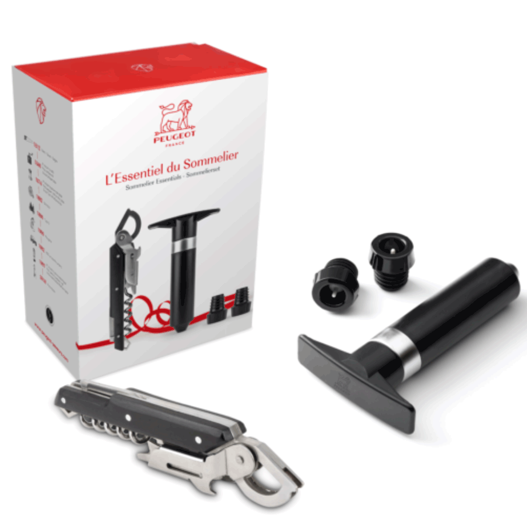 boite du coffret avec tire bouchon pompe a vide et bouchons