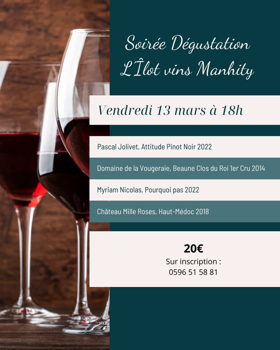 Affiche – Soirée dégustation L’Îlot Vins Manhity – Vendredi 13 mars à 18h