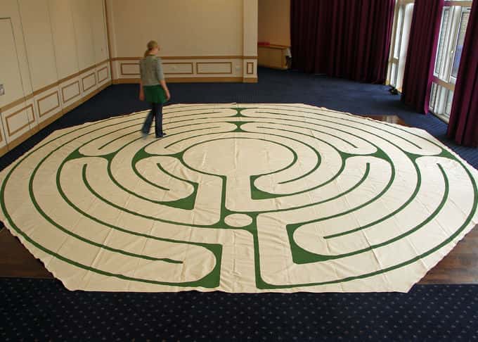 Our portable canvas labyrinths can be laid out in any indoor space