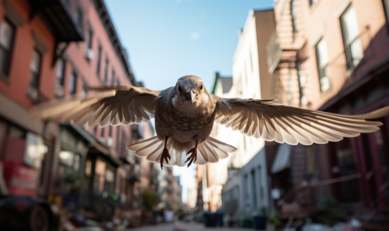 sparrow flies in the air on a background of buildings
