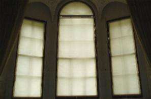 3 tall windows with check action blinds