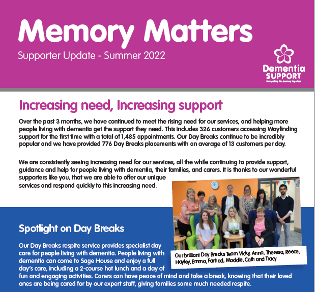 Memory Matters - Supporters Update - Summer 2022