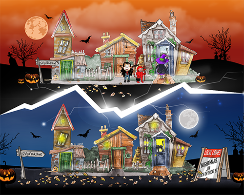 Artist's impression of William's Trick or Treat Street by day and by night