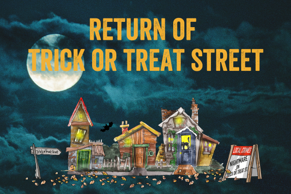 Artist's impression of William's Trick or Treat Street by day and by night