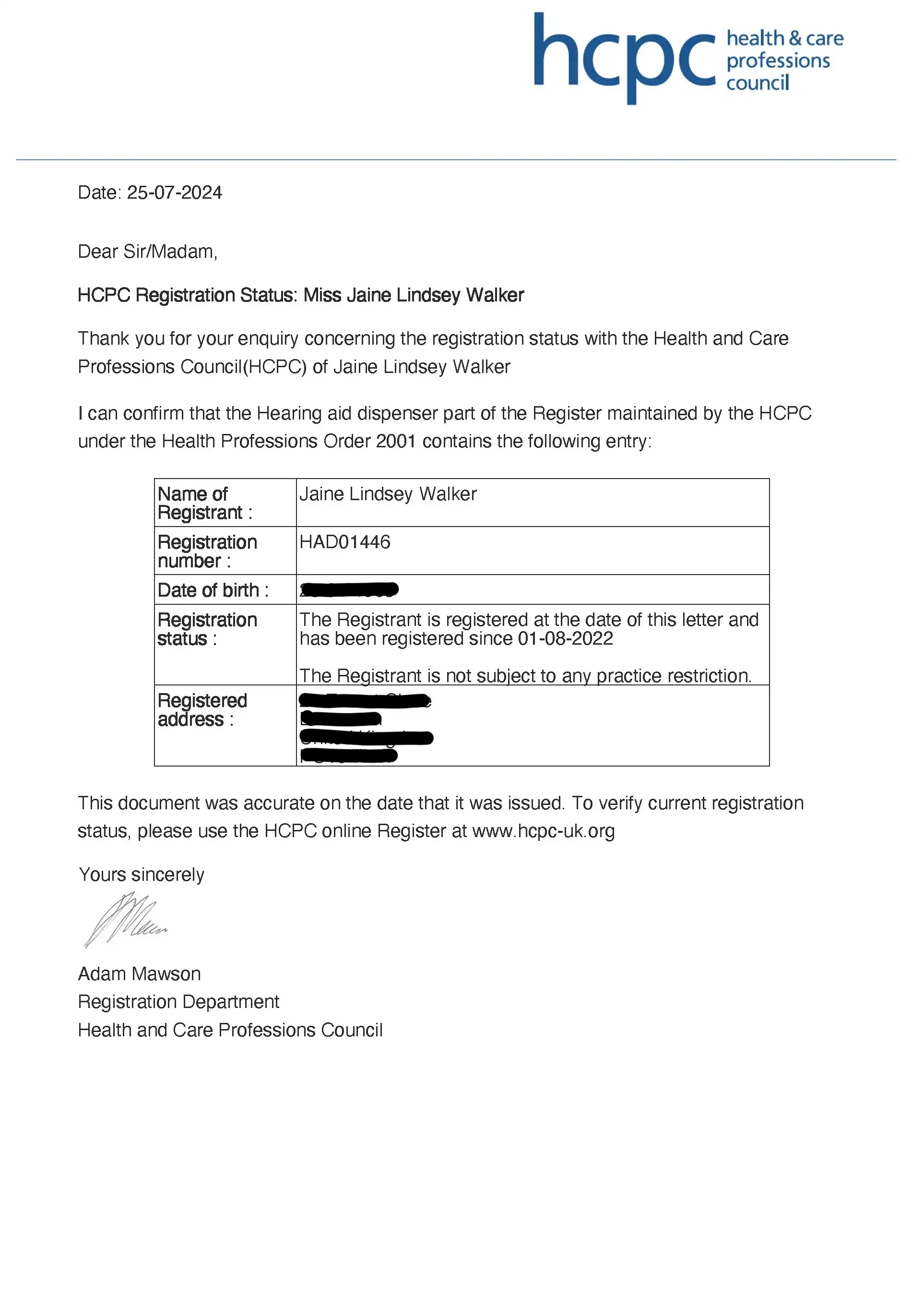 HCPC Certificate
