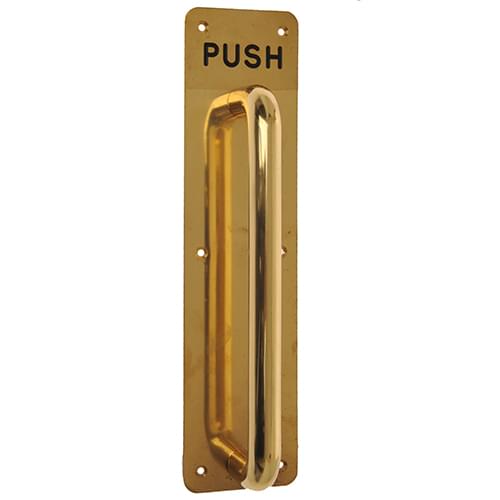 7048 300MM POL. BRASS PULL HANDLE ON PLATE ENGRAVED 'PUSH'
