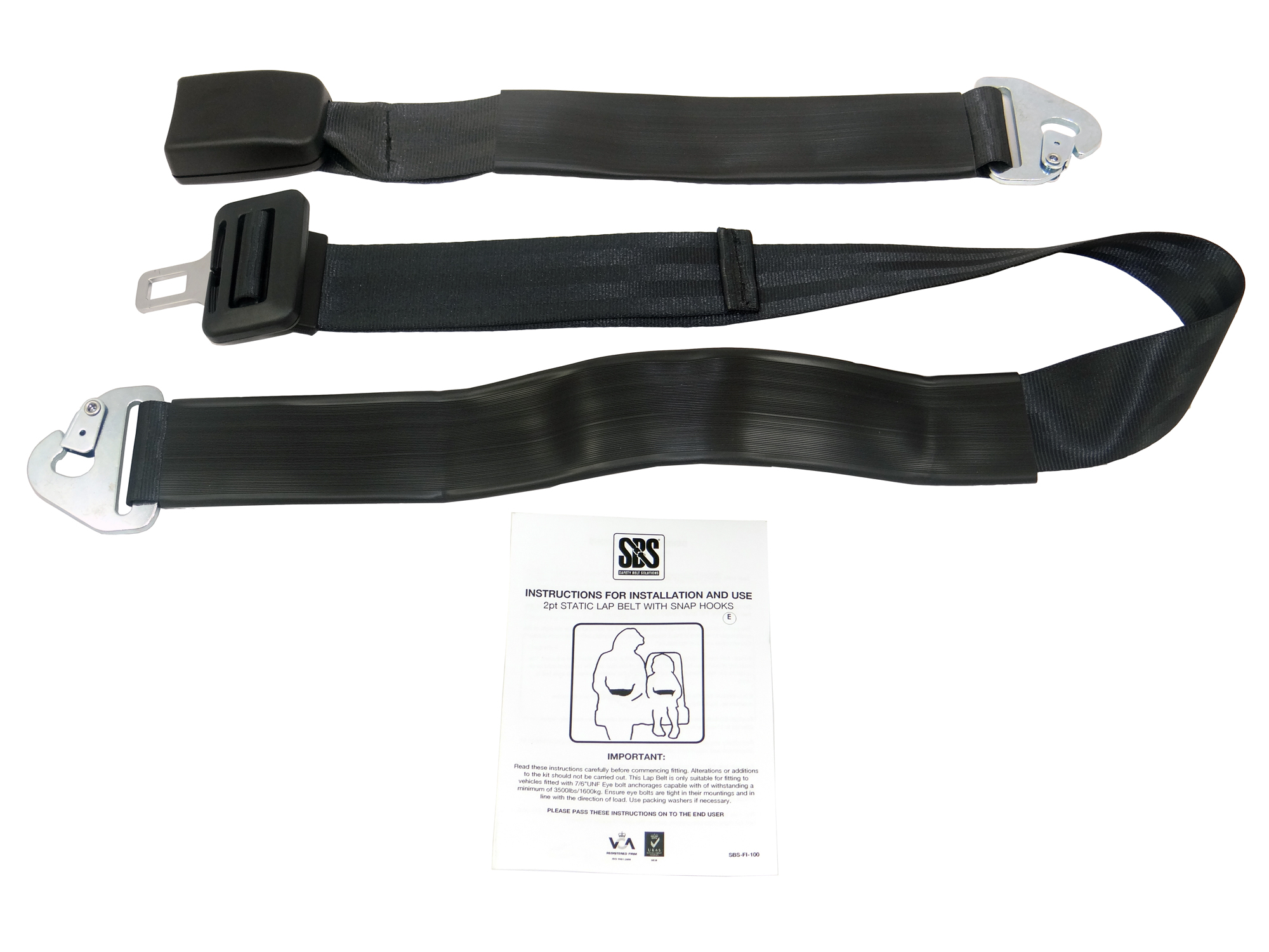2 Point Static Lap Belt & 400Mm Webbing Buckle - Snap Hook End Fittings