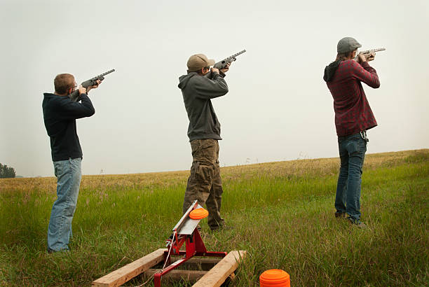 A group of gentleman enjoying a Laser Clay Stag Party at Cairngorms Activities