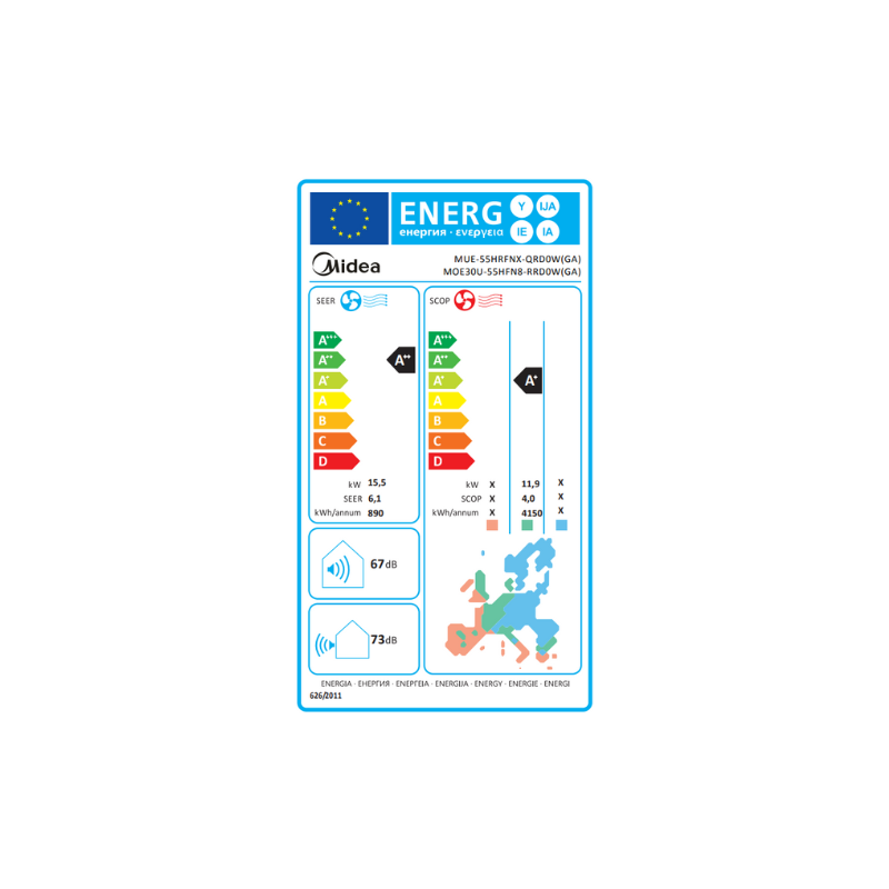 Climatiseur Midea Allège/Plafonnier Inverter MUE/MOE30U-55H tri-380 16 kW 55000 Btu/h