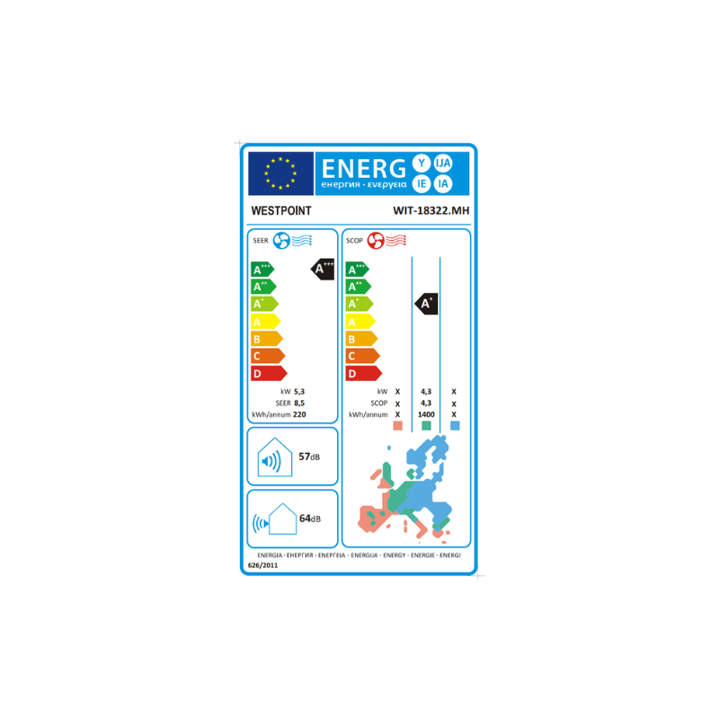 Climatiseur Westpoint Mural Inverter WIT-18322.MH 5,3 kW 18000 Btu/h