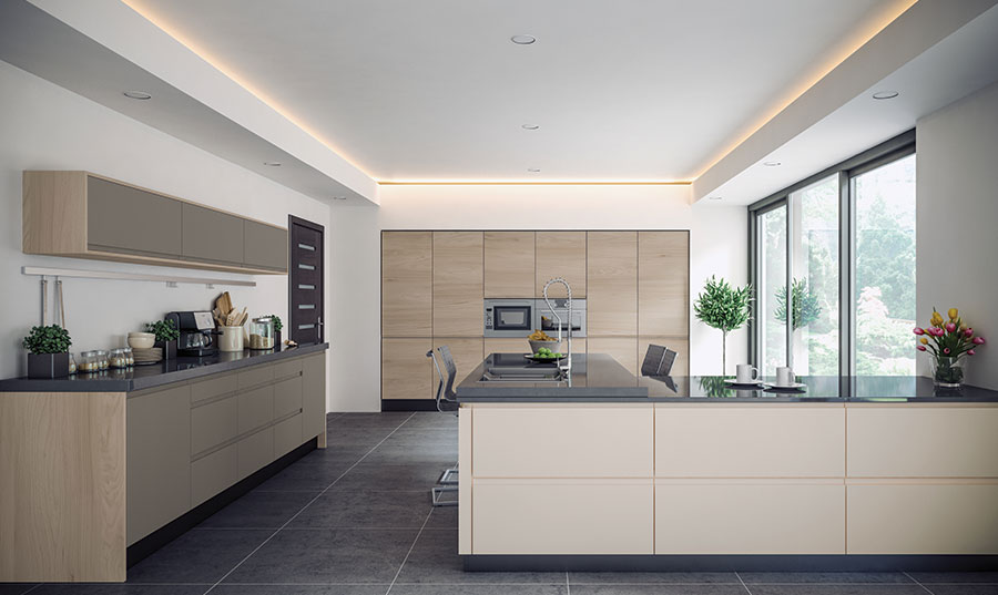 Pronto Rothwell Supermatt Cashmere, Supermatt Dust Grey, Malton Stone Elm Kitchen