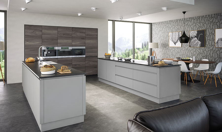 Pronto Rothwell Supermatt Light Grey, Malton Lava Elm Kitchen