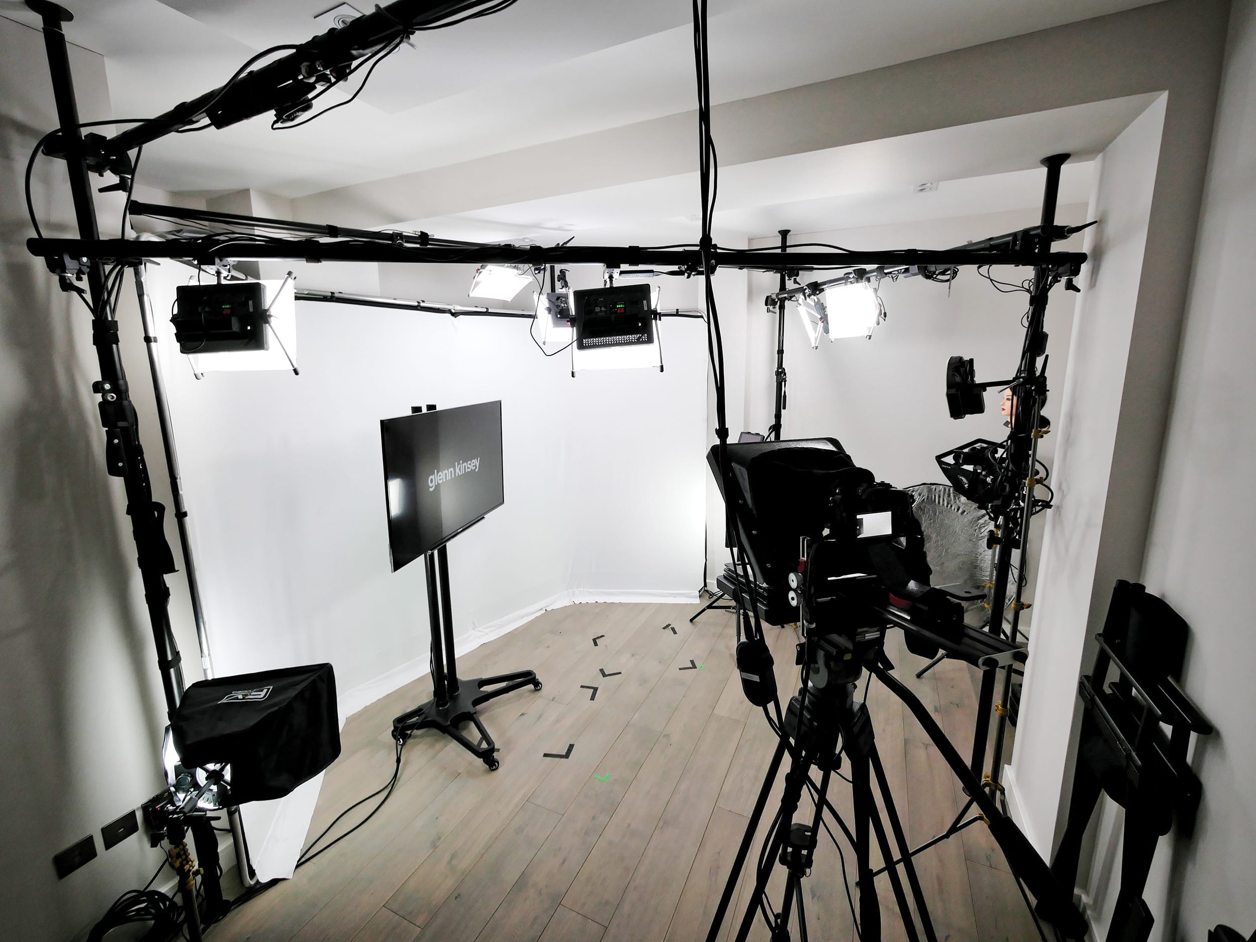 A white infinity set at Glenn Kinsey's TV Training Studio, London, UK