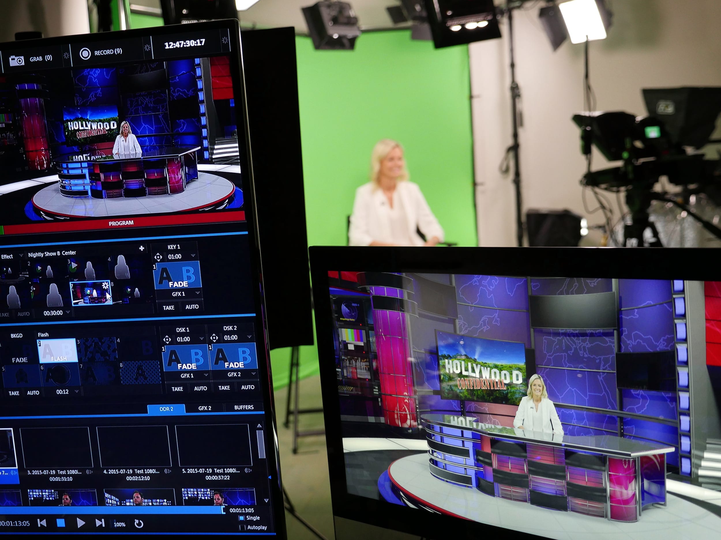 Recording on-camera in Glenn Kinsey's TV presenter training studio, London, UK