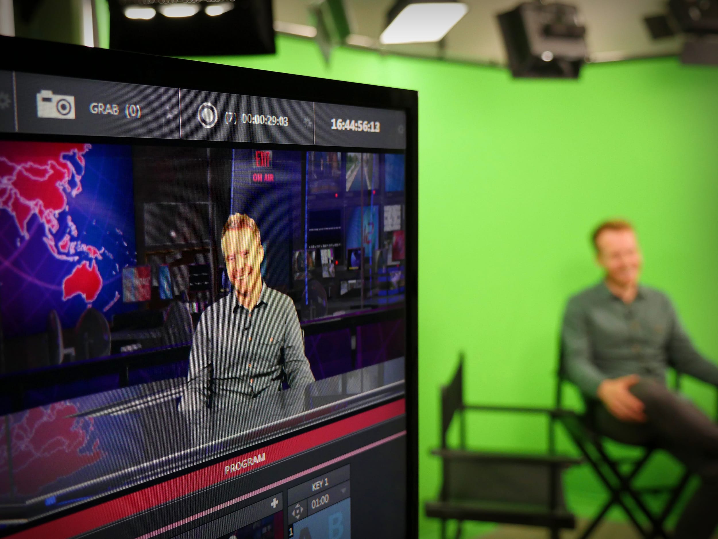 Presenting to camera in our virtual studio set, London, UK