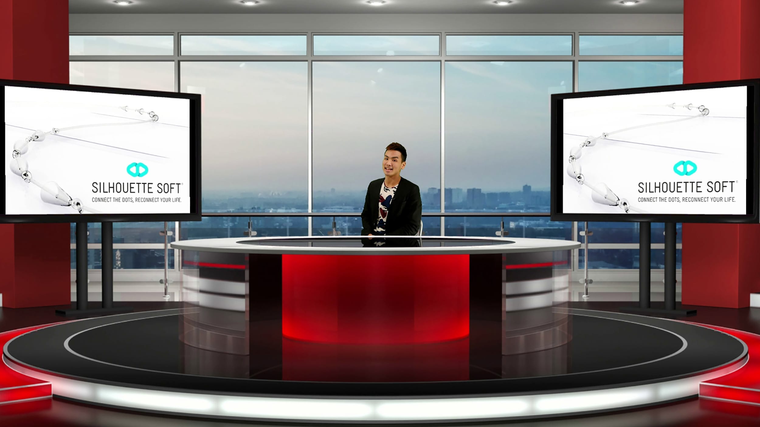 Live screen grab featuring live virtual set news studio at our London training facility