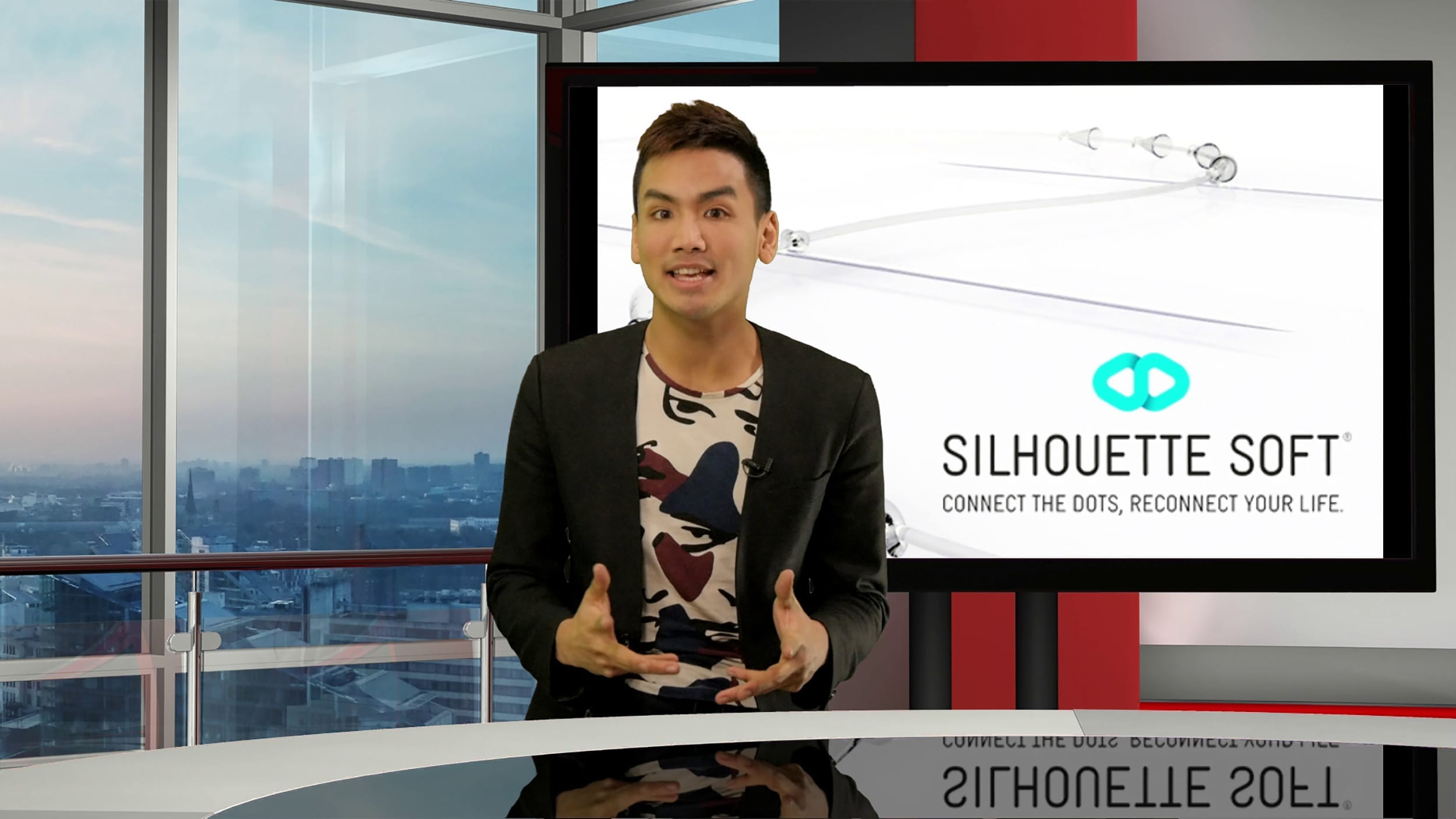 Virtual studio set at our TV presenter training facility