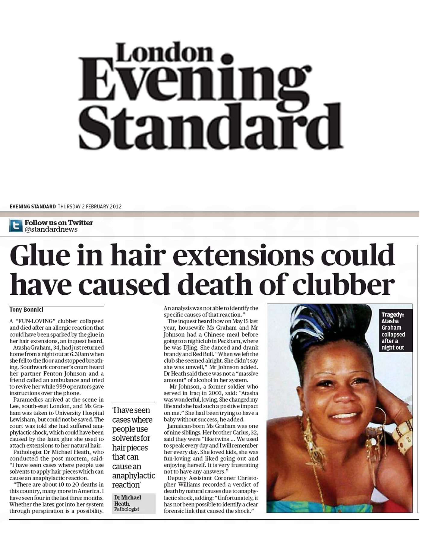 'Glue in hair extensions could have caused death of clubber' - Evening Standard, London