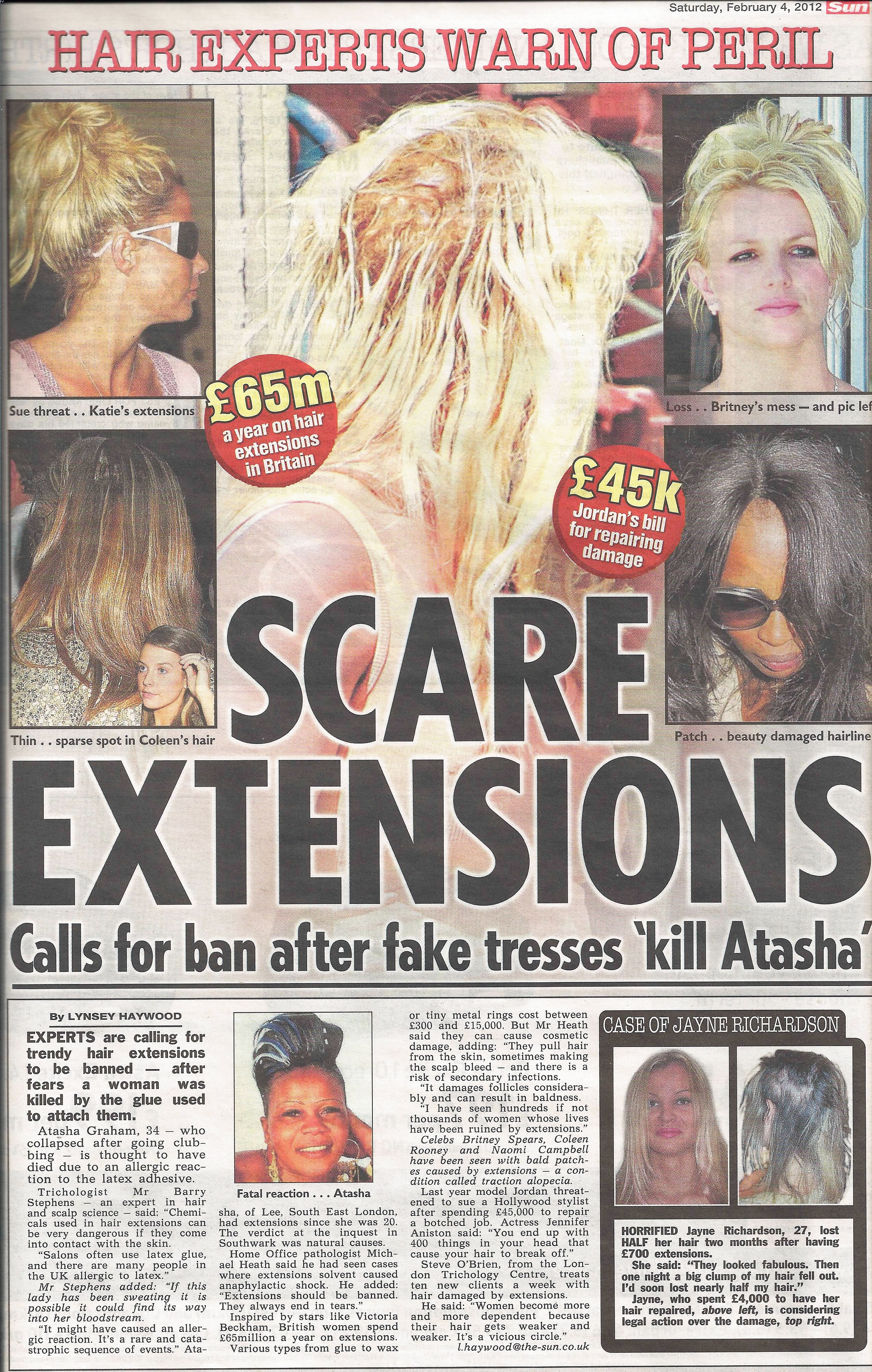 'Scare Extensions - Calls for ban after fake tresses 'kill Atasha'' - The Sun