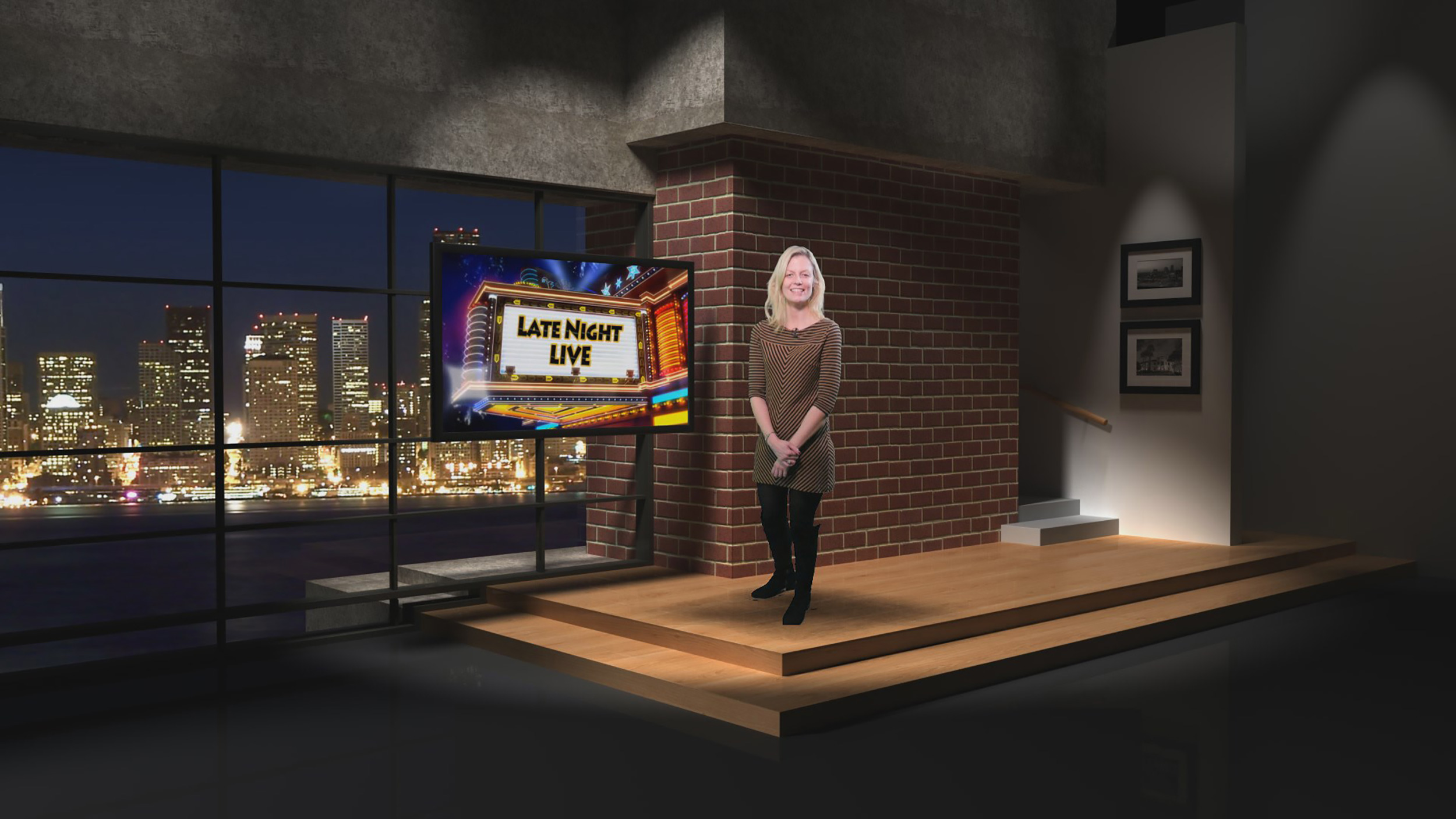 Live virtual set with city-scape during recording at our London studio