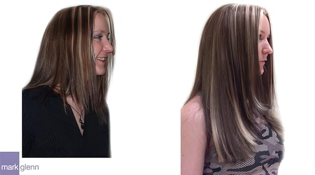 HE003 - Long with Bold Highlights Hair Extensions Before & After - Mark Glenn, London
