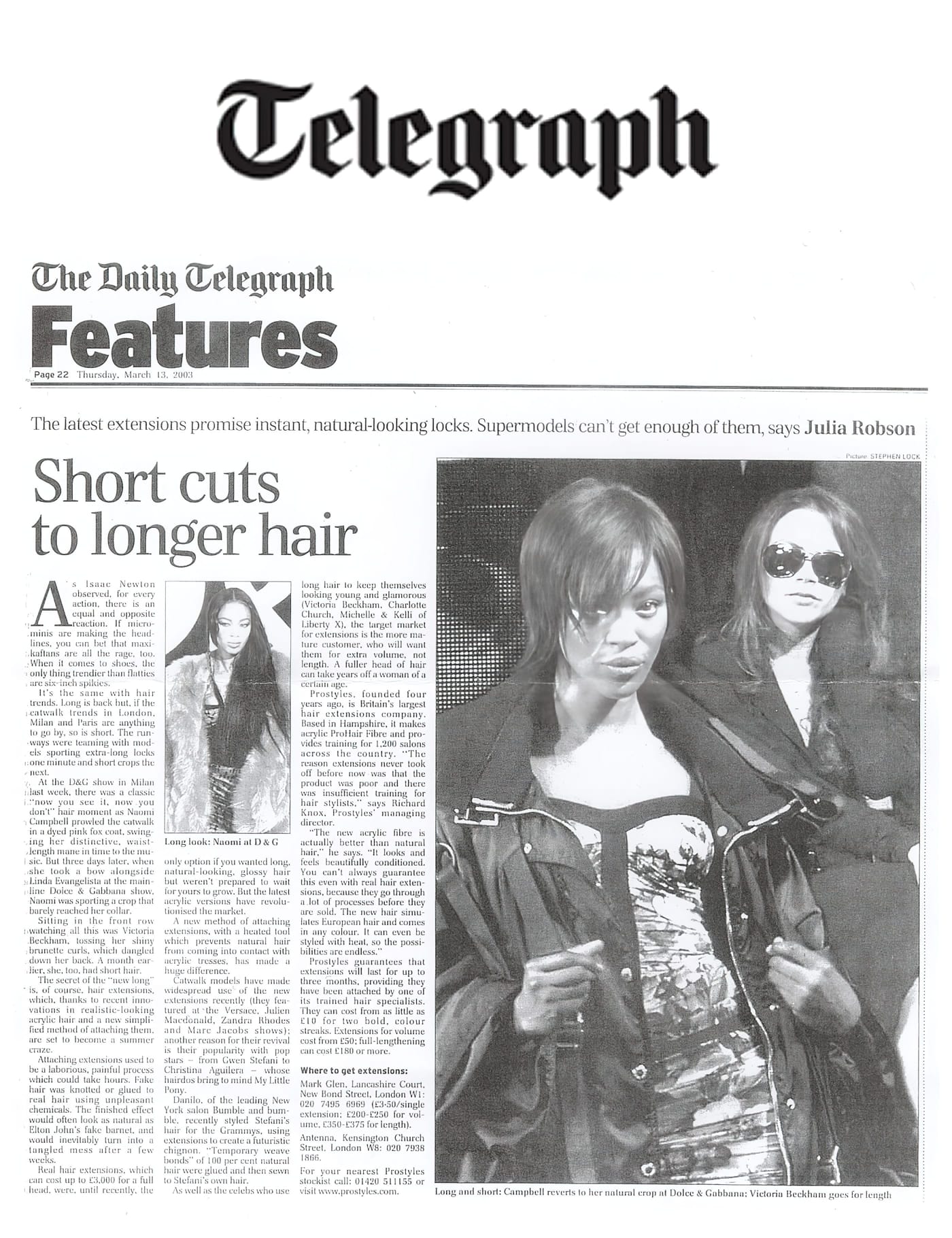 Celebrity hair extensions in The Daily Telegraph