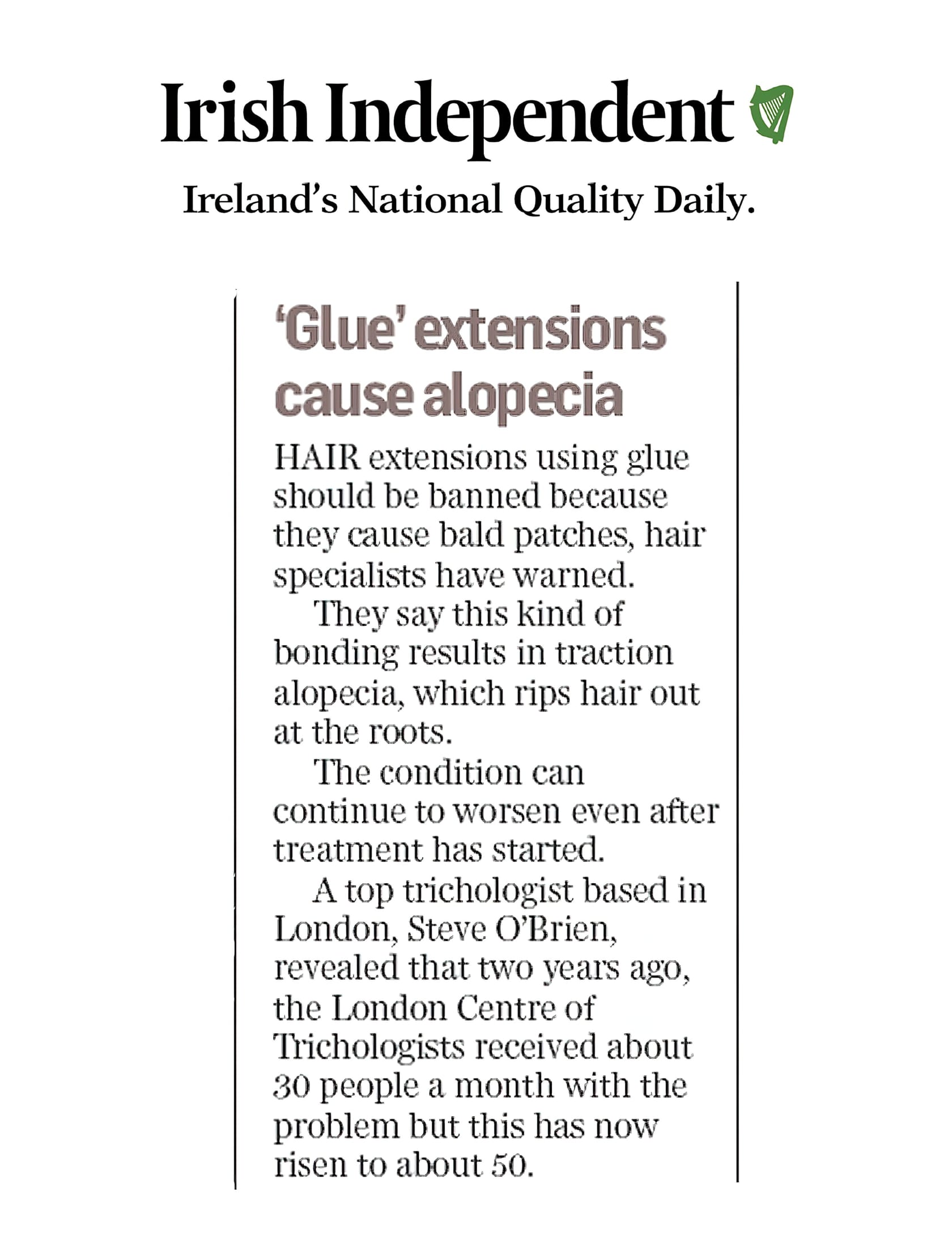 'Glue hair extensions cause alopecia' - BBC & Irish Independent