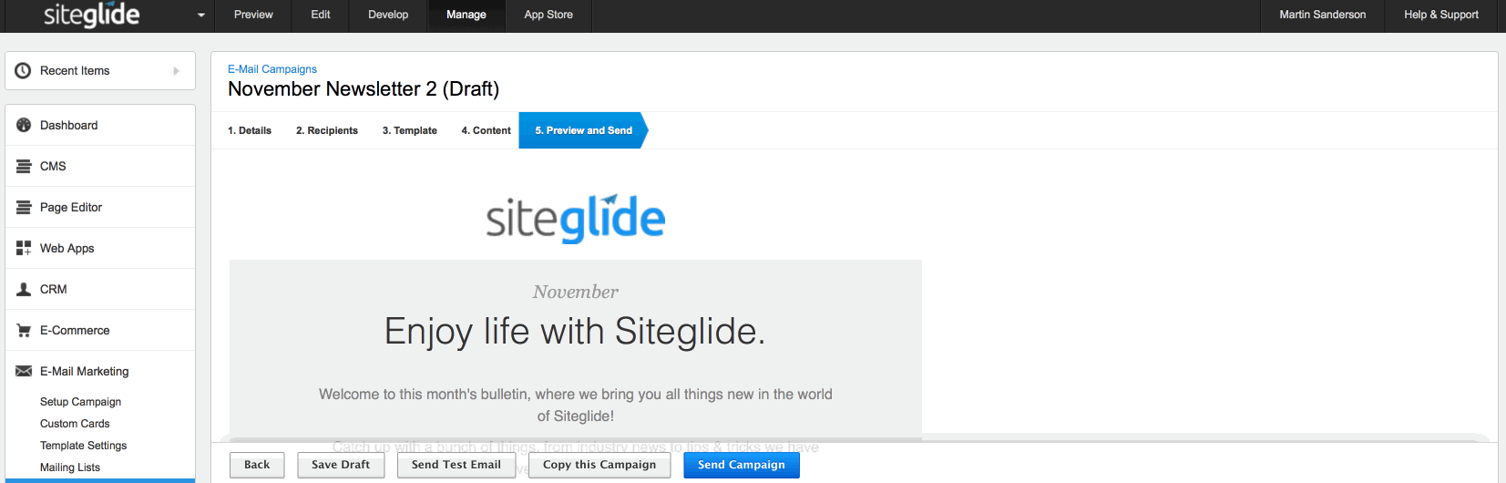 Sending email campaigns with Siteglide