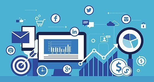 Graphic of computer screen with various social media icons floating around it. Graphic of computer screen with various social media icons floating around it.