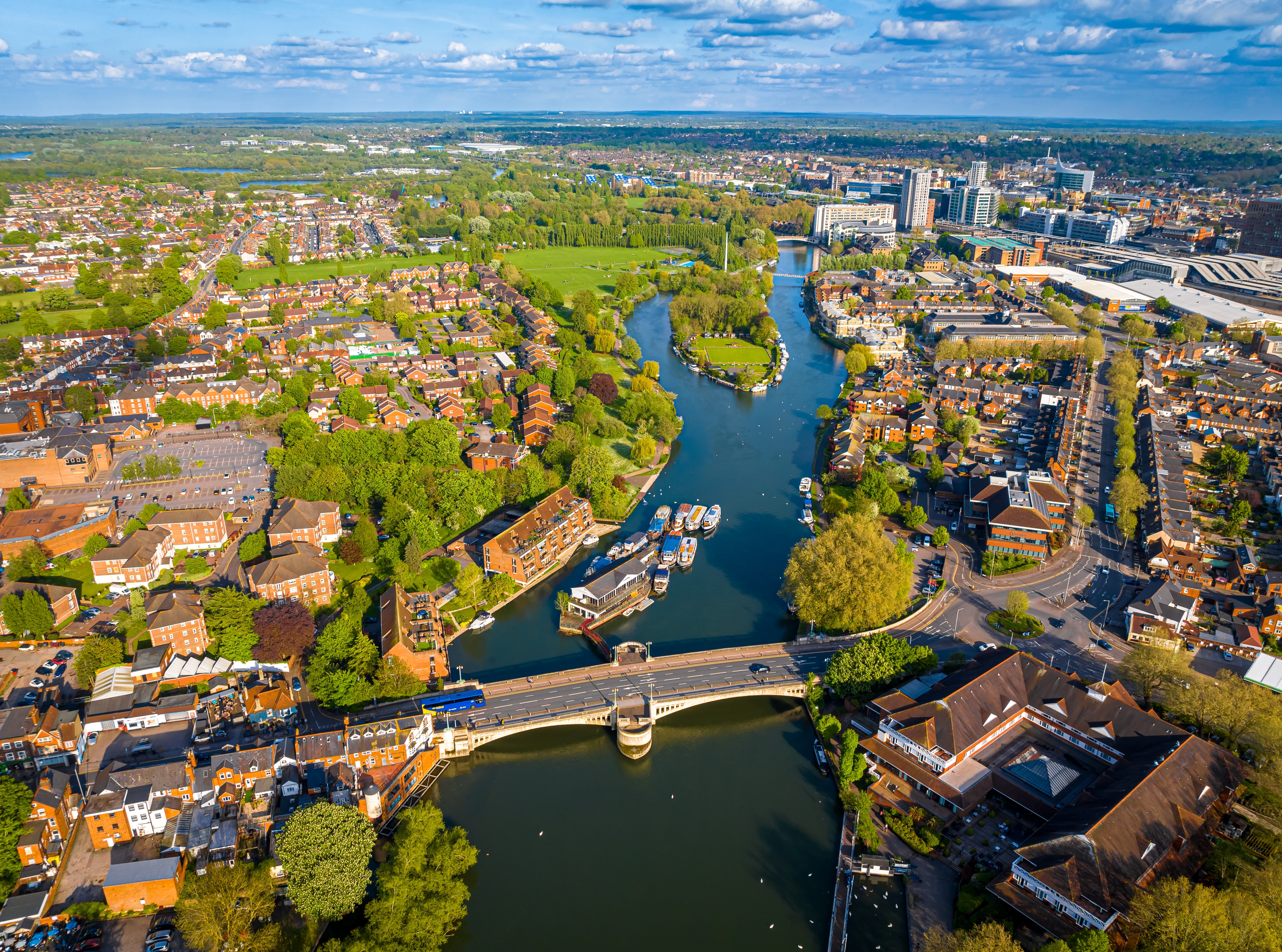 Aerial view of Reading, a large town on the Thames and Kennet rivers in southern England, UK