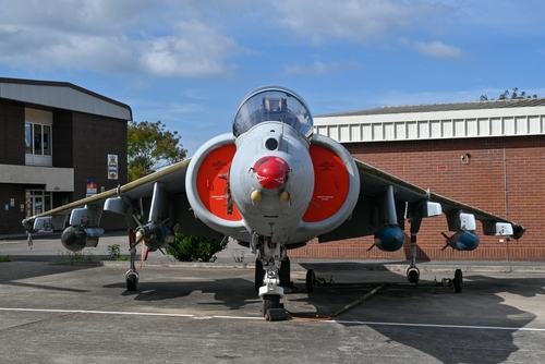 Gosport, England. September 14th 2024. British Aerospace Harrier GR9 on display at HMS Sultan, an engineering training base for the Royal Navy.