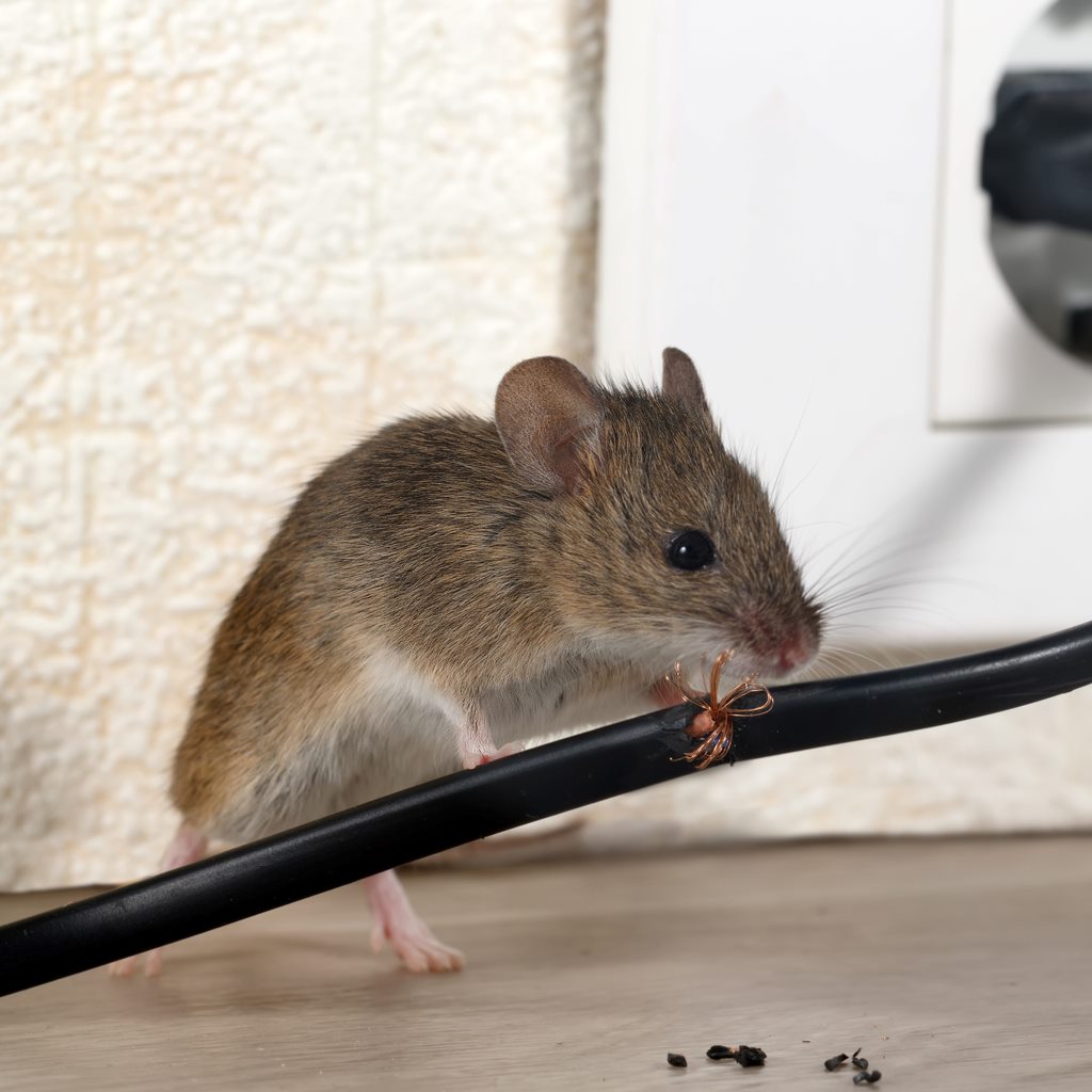 Closeup mouse gnaws wire in an apartment house on the background of the wall and electrical outlet