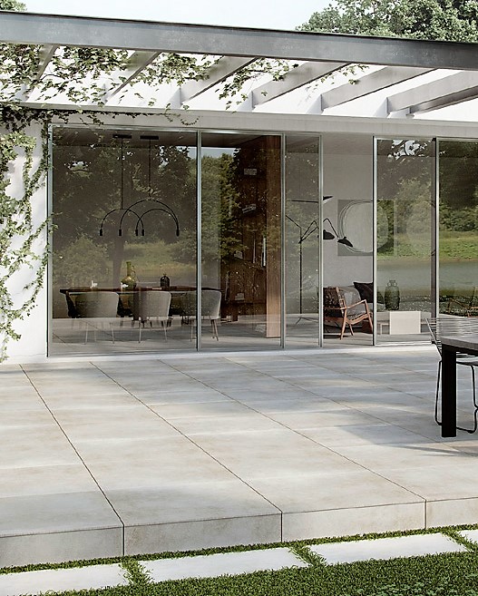 Montego Grey porcelain patio under pergola