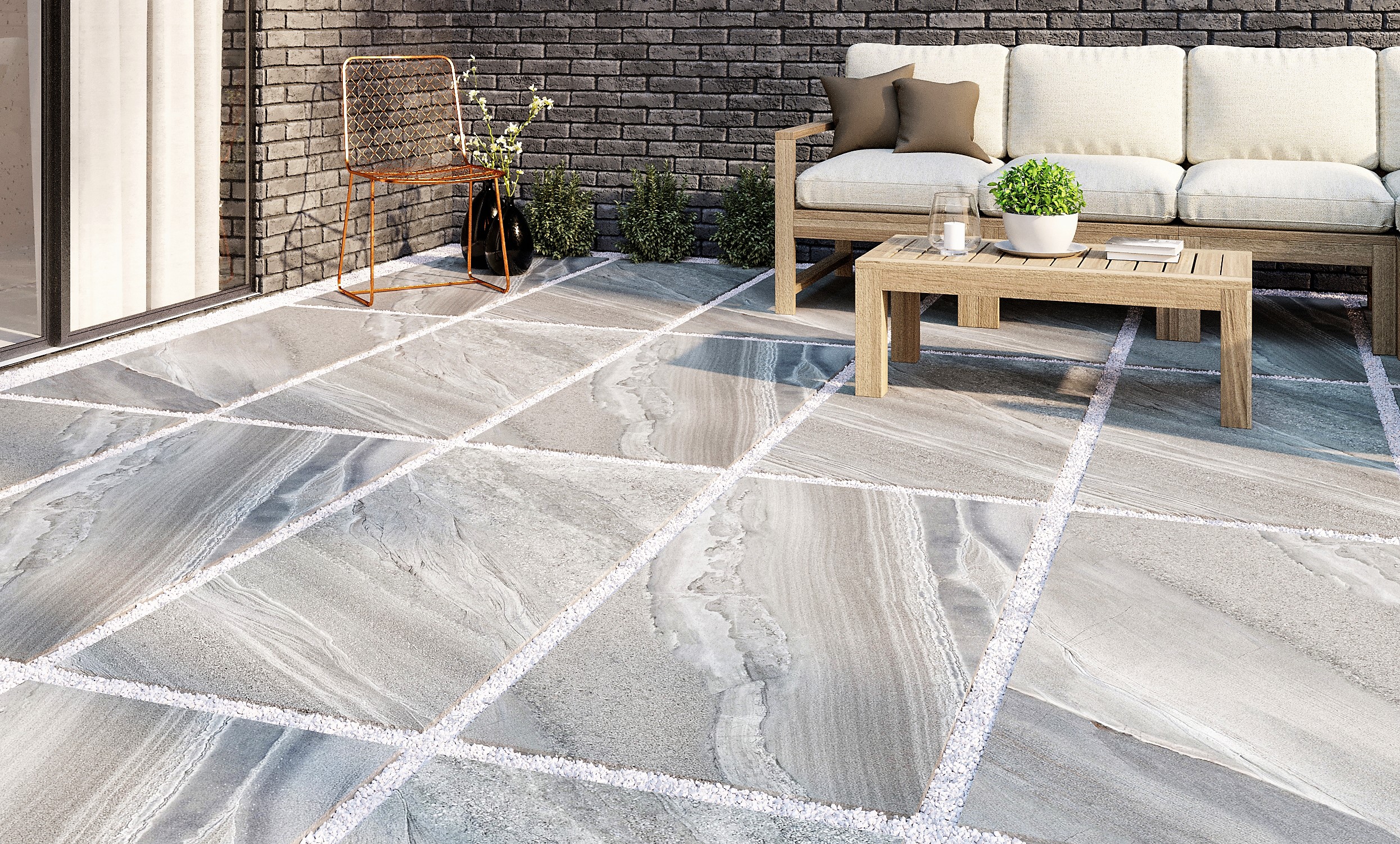 Large format Quartzite Grey porcelain patio with outdoor lounge seating