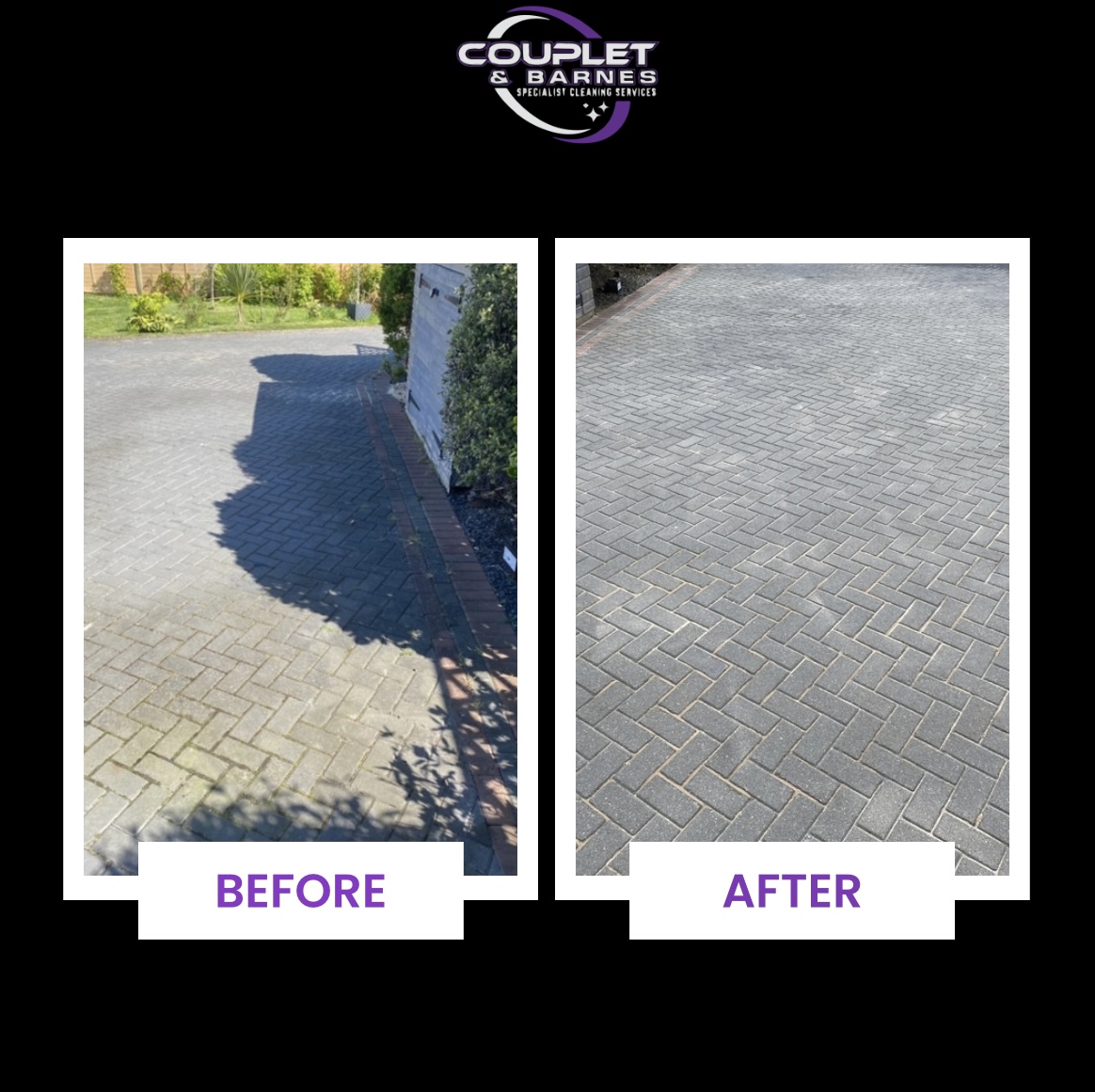 Before and after jet washing a block paving driveway in Chichester – professional pressure washing service by Couplet & Barnes