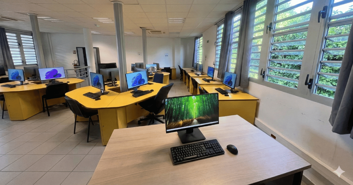 Espace de travail équipé d’ordinateurs All-in-One et de postes informatiques modernes